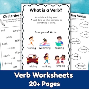 Op de afbeelding: Educatieve werkbladen over werkwoorden met kleurrijke illustraties. De werkbladen bevatten voorbeelden van werkwoorden zoals rennen, zwemmen en lezen. De tekst "Wat is een werkwoord?" wordt weergegeven, samen met "Werkwoord Werkbladen 20+ Pagina's."