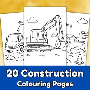 May include: Three black and white coloring pages featuring construction vehicles: a dump truck, excavator, and bulldozer. The pages are part of a set of 20 construction-themed coloring pages, as indicated by the text at the bottom.