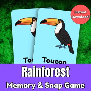 May include: Two light blue cards featuring a toucan illustration with a large yellow and orange beak, black feathers, and a white face. The cards are part of a "Rainforest Memory & Snap Game" with an "Instant Download!" label.