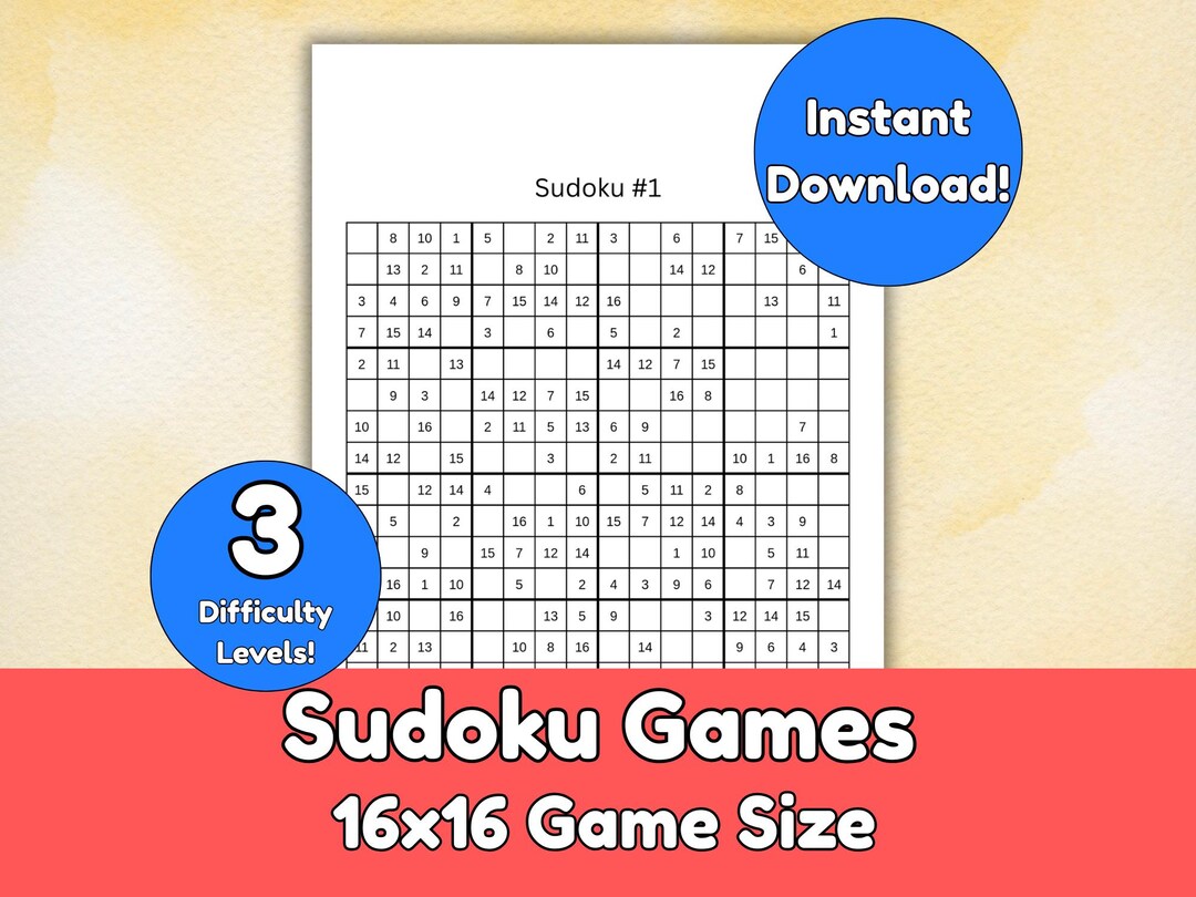 16x16 Sudoku Printable | Easy Medium Hard | 60 Puzzles With Solutions