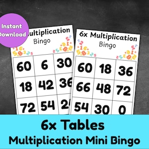 May include: Two white bingo cards with black numbers and the text "6x Multiplication Bingo". The cards have a blue banner at the bottom with the text "6x Tables Multiplication Mini Bingo". A purple circle with the text "Instant Download" is in the upper left corner.