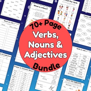 May include: A bundle of educational worksheets for learning verbs, nouns, and adjectives. The worksheets are printed on white paper with black text and illustrations. A red circle in the center reads "70+ Page Verbs, Nouns & Adjectives Bundle."