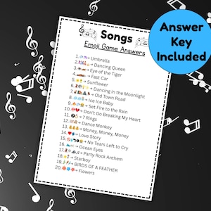 Peut inclure: Une feuille blanche avec le titre "Songs Emoji Game Answers" et une liste de titres de chansons repr&eacute;sent&eacute;s par des emojis. Un cercle bleu avec le texte "Answer Key Included" est en haut &agrave; droite. Des notes de musique sont &eacute;parpill&eacute;es.