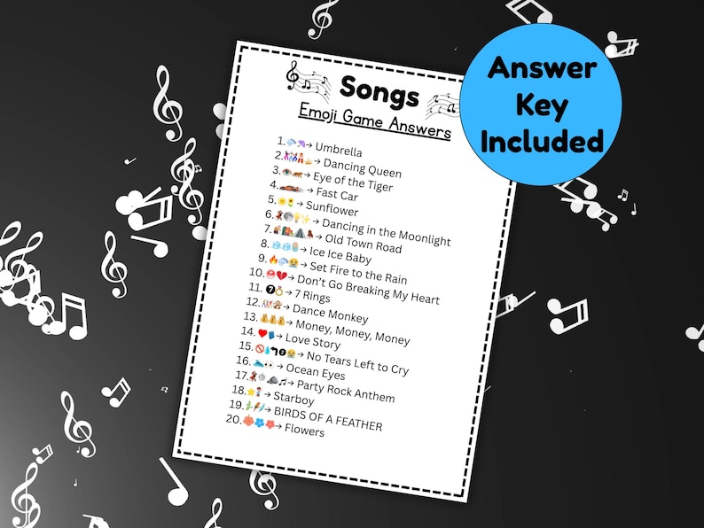 Peut inclure: Une feuille blanche avec le titre "Songs Emoji Game Answers" et une liste de titres de chansons repr&eacute;sent&eacute;s par des emojis. Un cercle bleu avec le texte "Answer Key Included" est en haut &agrave; droite. Des notes de musique sont &eacute;parpill&eacute;es.