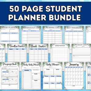 May include: A 50-page student planner bundle with various templates, including grade trackers, essay planners, and monthly calendars. The design features a blue and white color scheme with floral accents. The text "50 PAGE STUDENT PLANNER BUNDLE" is at the top.