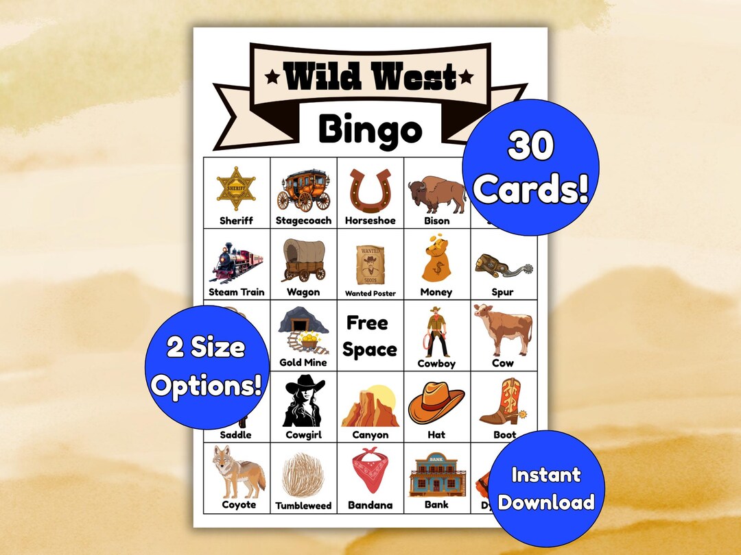 Wild West Bingo Game for Kids | 30 Printable Cards (instant Download ...