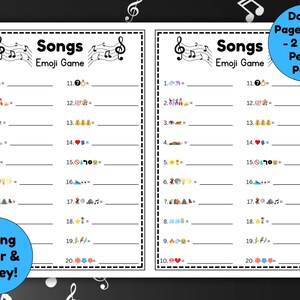 Peut inclure: Une feuille de jeu imprimable en noir et blanc intitul&eacute;e "Songs Emoji Game". La feuille comporte deux colonnes d'indices emoji num&eacute;rot&eacute;s pour deviner les titres des chansons. La feuille comprend &eacute;galement le texte "Double Page Option - 2 Cards Per A4 Page!" et "Saving Paper & Money!"