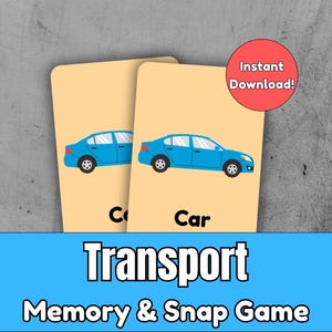 Op de afbeelding: Twee flashcards met een blauwe auto-illustratie en het woord "Car". De kaarten maken deel uit van een "Transport Memory & Snap Game". Een rode cirkel met de tekst "Instant Download!" staat rechtsboven.