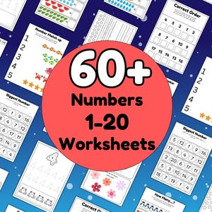Pode incluir: Folhas de trabalho educativas para crianças com números de 1 a 20. A imagem mostra várias páginas com exercícios de correspondência de números, contagem e sequenciamento. Um grande círculo vermelho exibe "60+ Numbers 1-20 Worksheets".