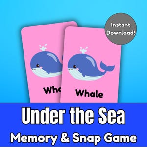 Könnte beinhalten: Zwei rosa Karten mit einer Illustration eines blauen Wals und dem Wort "Whale". Die Karten sind Teil eines "Under the Sea Memory & Snap Game". Ein grauer Kreis mit dem Text "Sofort-Download!" befindet sich oben rechts.