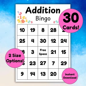 Könnte beinhalten: Ein weißes Addition Bingo-Spielblatt mit Zahlen und dem Text "Addition Bingo". Enthält rosa Kreise mit dem Text "30 Karten!", "2 Größenoptionen!" und "Sofort-Download".