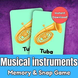 Op de afbeelding: Twee kaarten met een tuba-illustratie. De kaarten zijn lichtgroen met een gouden tuba en het woord "Tuba". De afbeelding bevat ook de tekst "Muziekinstrumenten Memory & Snap Game" en een rode cirkel met "Direct downloaden!"