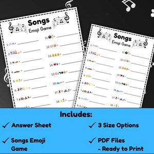 Peut inclure: Deux feuilles imprimables du "Jeu d'Emojis de Chansons" avec des notes de musique et des indices d'&eacute;mojis. Le jeu comprend une feuille de r&eacute;ponses, trois options de taille et des fichiers PDF pr&ecirc;ts &agrave; &ecirc;tre imprim&eacute;s.