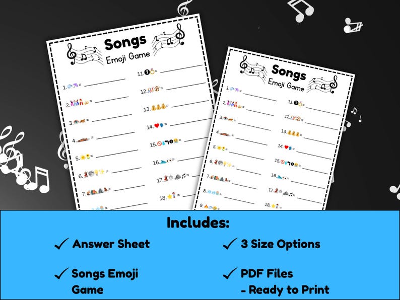 Peut inclure: Deux feuilles imprimables du "Jeu d'Emojis de Chansons" avec des notes de musique et des indices d'&eacute;mojis. Le jeu comprend une feuille de r&eacute;ponses, trois options de taille et des fichiers PDF pr&ecirc;ts &agrave; &ecirc;tre imprim&eacute;s.