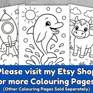 May include: Three coloring pages featuring a rocket, a dolphin jumping out of water, and a cow. The pages are black and white line drawings with simple backgrounds. Text at the bottom encourages visitors to visit the Etsy shop for more coloring pages.