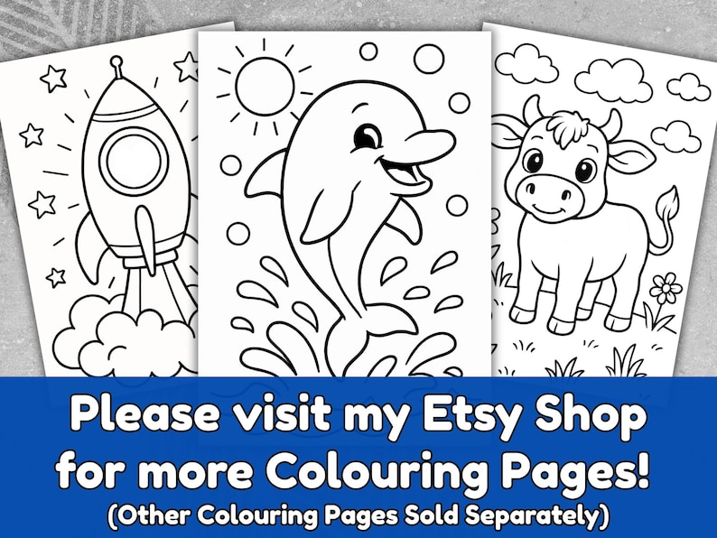 May include: Three coloring pages featuring a rocket, a dolphin jumping out of water, and a cow. The pages are black and white line drawings with simple backgrounds. Text at the bottom encourages visitors to visit the Etsy shop for more coloring pages.