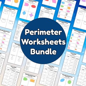 Op de afbeelding: Een bundel omtrekwerkbladen met verschillende geometrische vormen. De werkbladen bevatten problemen voor het berekenen van omtrekken, ontbrekende zijde problemen en waar of onwaar vragen. De titel "Perimeter Worksheets Bundle" wordt weergegeven op een blauwe cirkel.
