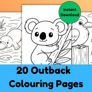 Könnte beinhalten: Drei Ausmalbilder mit australischen Tieren in Schwarz-Weiß. Die Bilder zeigen ein Schnabeltier, einen Koala und einen Kookaburra. Der Text "20 Outback Colouring Pages" ist blau dargestellt. Ein grüner Kreis zeigt "Instant Download".