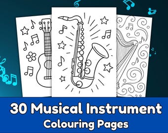 Dibujos para colorear de instrumentos musicales para niños / 30 partituras (descarga digital)