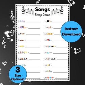 Peut inclure: Une feuille de jeu imprimable blanche intitul&eacute;e "Songs Emoji Game" avec des notes de musique et des emojis. La feuille comporte 20 lignes pour les titres de chansons, avec un cercle bleu indiquant "T&eacute;l&eacute;chargement instantan&eacute;" et un autre indiquant "3 options de taille !"