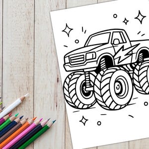May include: Black and white line drawing of a monster truck with large tires and a lightning bolt graphic on the side. The drawing is on white paper, with colored pencils on a wooden surface.