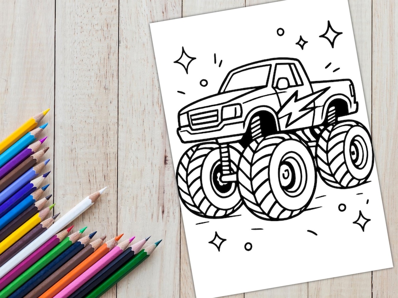 May include: Black and white line drawing of a monster truck with large tires and a lightning bolt graphic on the side. The drawing is on white paper, with colored pencils on a wooden surface.