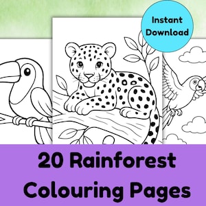 Könnte beinhalten: Schwarz-Weiß-Strichzeichnungen von Regenwaldtieren, darunter ein Tukan, ein Jaguar und ein Papagei, auf einzelnen Seiten. Die Worte "Sofort-Download" stehen in einem blauen Kreis. Der Text "20 Regenwald-Malvorlagen" befindet sich unten.