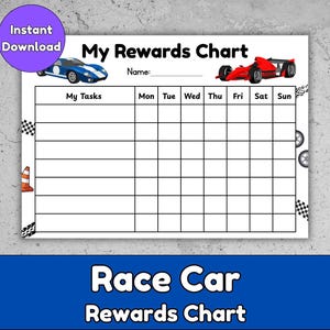 May include: A printable rewards chart with a race car theme. The chart features a grid for tracking tasks, with spaces for each day of the week. Includes illustrations of race cars, a traffic cone, and checkered flags. The text "My Rewards Chart" and "Race Car Rewards Chart" are displayed.