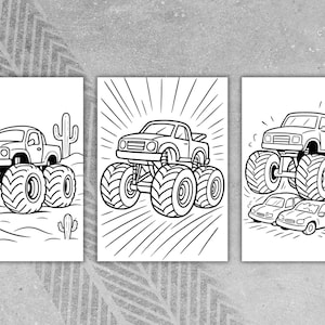 May include: Three black and white illustrations of monster trucks. The first shows a truck in a desert scene with cacti and a sun. The second has a truck with a burst of lines behind it. The third has a truck over smaller cars.