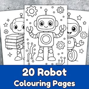 May include: Three black and white robot coloring pages with different robot designs. One robot holds books, another has arms raised, and the third has a wheel. The text "20 Robot Colouring Pages" is at the bottom.