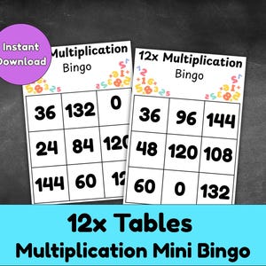 Könnte beinhalten: Zwei weiße Bingokarten mit Multiplikationsaufgaben, mit Zahlen und dem Text "Multiplication Bingo". Die Karten haben ein farbenfrohes Design und den Text "12x Tables Multiplication Mini Bingo" unten. Ein lila Kreis sagt "Sofort-Download".