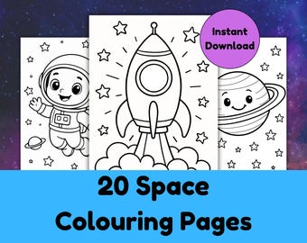 May include: Black and white line drawings of space-themed images, including an astronaut, rocket, and planet, are displayed. The words "20 Space Colouring Pages" are written in a blue banner. A purple circle with the words "Instant Download" is also visible.
