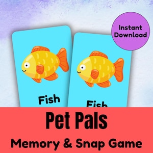 Op de afbeelding: Twee flashcards met cartoon gele vissen met oranje vinnen en het woord "Fish" eronder. De kaarten staan op een lichtblauwe achtergrond. De woorden "Pet Pals Memory & Snap Game" worden op een rode achtergrond weergegeven.