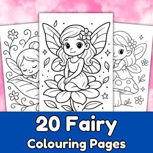 May include: Three coloring pages featuring fairy illustrations. The fairies have wings, flowers in their hair, and are surrounded by stars and leaves. The text "20 Fairy Colouring Pages" is displayed on a blue banner at the bottom.