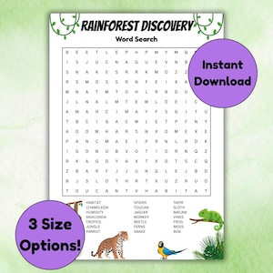 Op de afbeelding: Een afdrukbare Rainforest Discovery woordzoeker puzzel met een groene en witte achtergrond. De puzzel bevat woorden die betrekking hebben op dieren en habitats in het regenwoud. Bevat de tekst "Direct downloaden" en "3 maatopties!"