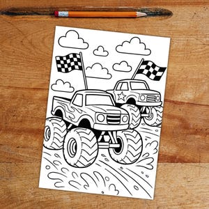 May include: Black and white line art of two monster trucks racing, each with checkered flags. The trucks have large tires and flame details. Clouds are in the background, and the image is on a white paper.