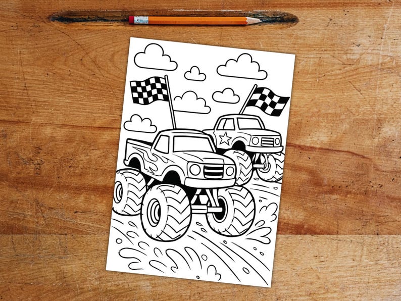 May include: Black and white line art of two monster trucks racing, each with checkered flags. The trucks have large tires and flame details. Clouds are in the background, and the image is on a white paper.