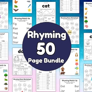 May include: A set of children's educational worksheets focusing on rhyming and matching activities. The worksheets are illustrated with colourful images and clear text, with the title "Rhyming 50 Page Bundle" displayed prominently.