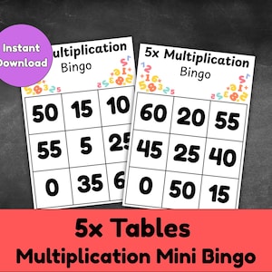 Op de afbeelding: Twee vermenigvuldiging bingokaarten met getallen in een raster. De kaarten zijn gelabeld met "5x Multiplication Bingo" en "5x Tables Multiplication Mini Bingo". Een paarse cirkel met "Instant Download" staat linksboven.