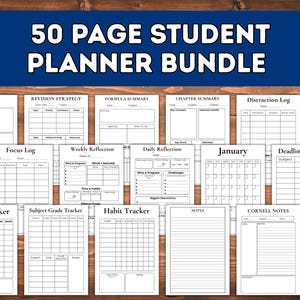 May include: A 50-page student planner bundle with various templates, including box notes, revision strategy, and a deadline tracker. The planner pages are black and white, with a blue header and a wooden background.