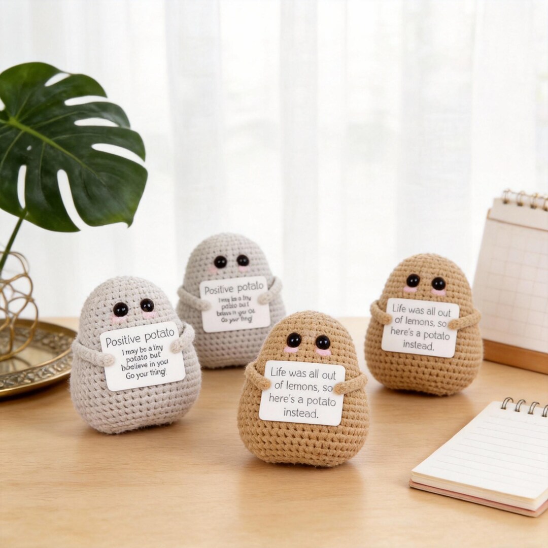 Funny Positive Potato Desk Pet - off White Amigurumi Decor With Big ...