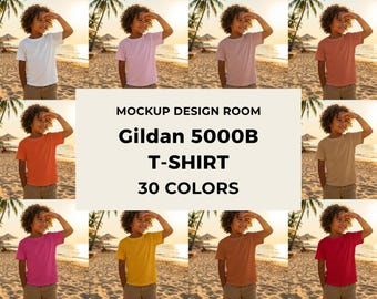 Gildan 5000B Youth Mockup | Golden Hour Ocean | Zestaw 30 kolorów