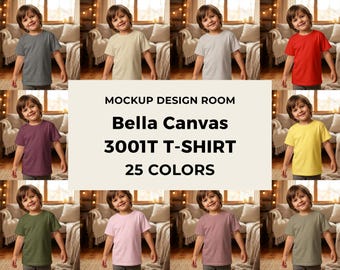 25x Bella Canvas 3001T Mockup | Przytulny salon | Mały chłopiec