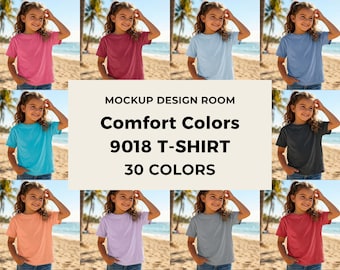 30x Comfort Colors 9018 Mockup | Młodzieżowa koszulka plażowa | Scena na słonecznej plaży
