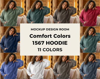 11x Comfort Colors 1567 Hoodie Mockup | Cozy Cabin Lifestyle | High Res PNG