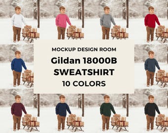 Maqueta navideña Gildan 18000B / Sudadera de cuello redondo de invierno para niños / Regalo de Navidad / 10 colores
