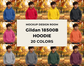Maqueta de otoño Gildan 18500B / Sudadera juvenil con fondo de árboles otoñales / 20 colores