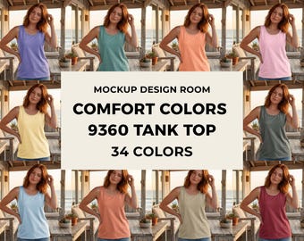 Conjunto de camisetas sin mangas Comfort Colors / Maqueta del modelo 9360 / Vista al atardecer / 34 colores
