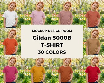 Gildan 5000B Youth Mockup | Garden Bloom | Girl Model Aesthetic | Zestaw 30 kolorów