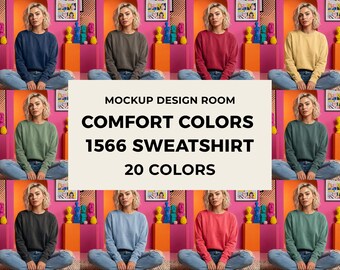 CC1566 Sweatshirt Mockup | Pop Art Aesthetic | Female Model | 20 Colors Bundle